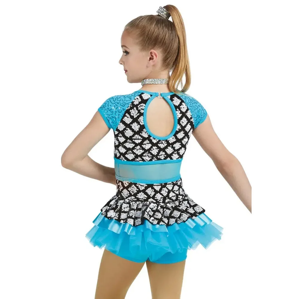 Pre-Owned Dance Costume Weissman 11348 Intermediate Child Blue Sequin Mesh Jazz